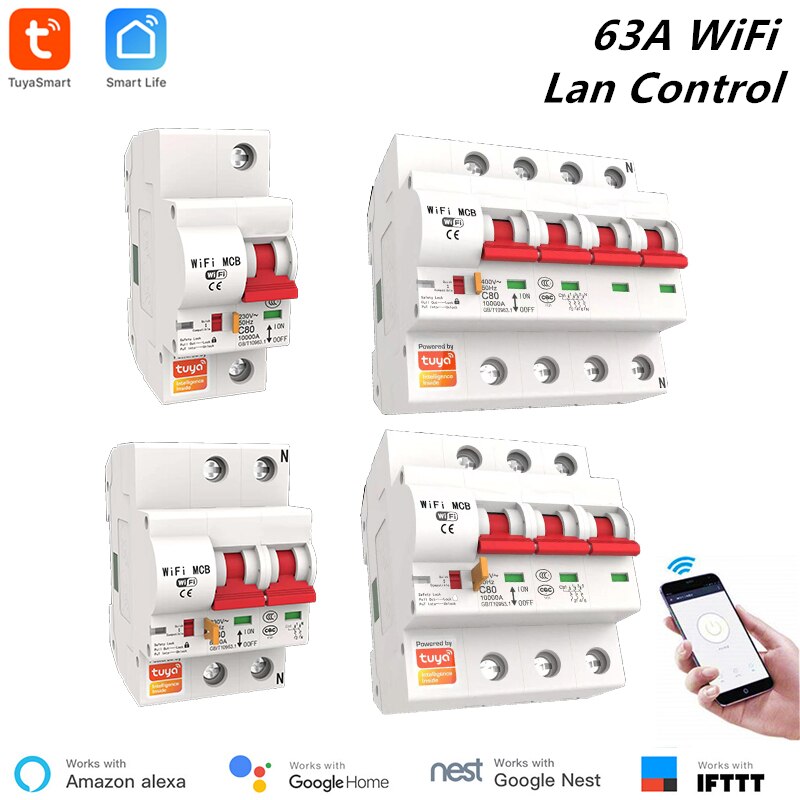 Tuya Smart Stroomonderbreker 63A 1P/2P/3P/4P Wifi Smart Circuit Breaker automatische Schakelaar Overbelasting Kortsluiting Alexa