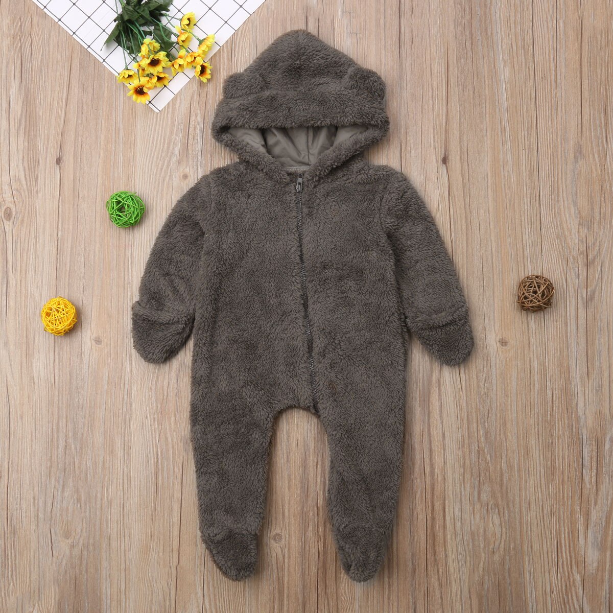 Winter Warm Cute Toddler Baby Girls Boys Fur Romper Ears Hooded Zipper Solid Long Sleeve Jumpsuits Romper 2 Colors