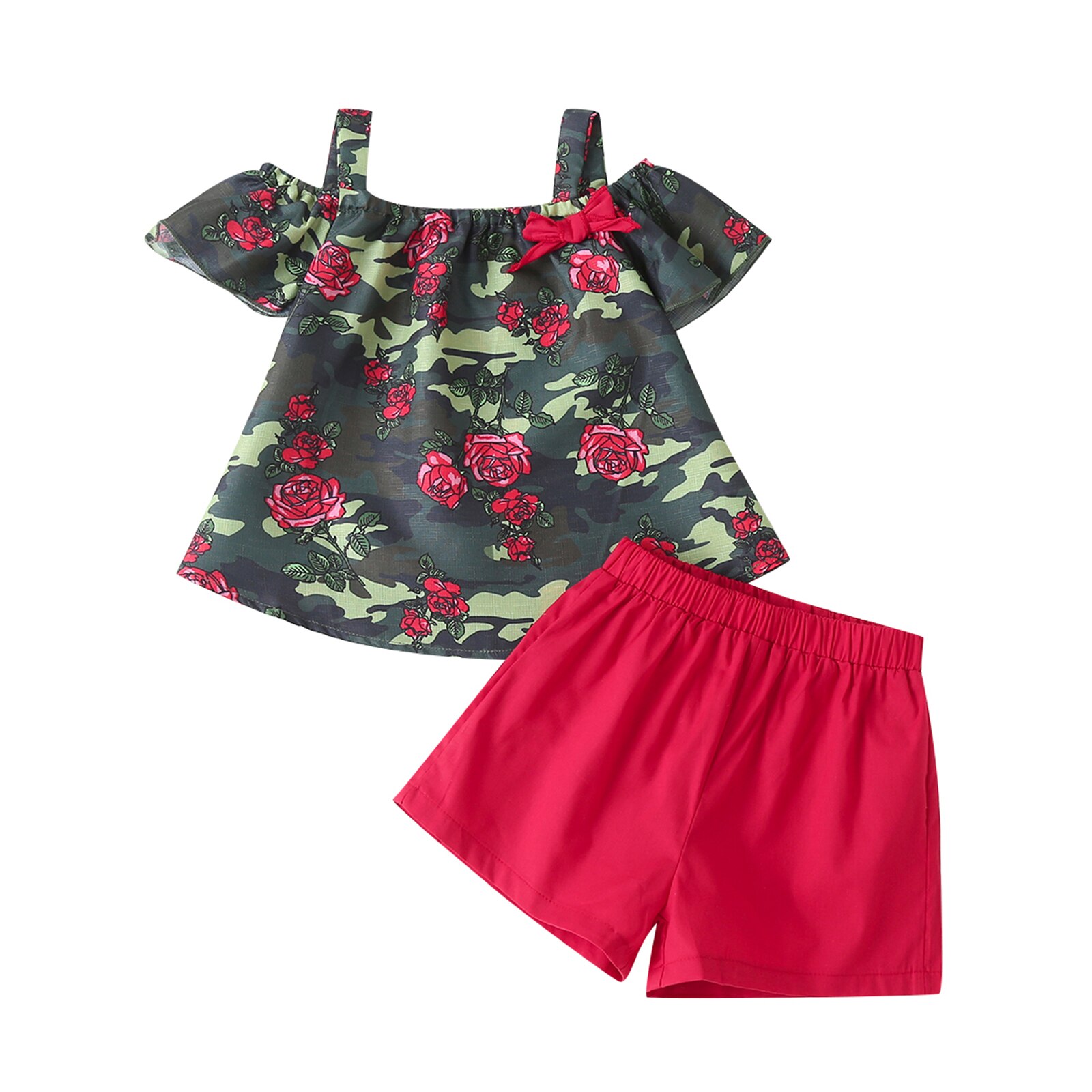 Zomer Kleur Afdrukken Meisje Korte Mouwen En Shorts Set Mode Bloem Boothals T-shirt En Effen Kleur korte Broek: 120 / Rood