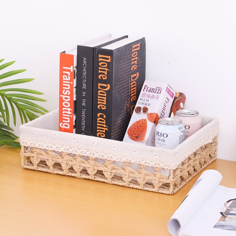 Cestas de almacenamiento de tejido hueco, caja organizadora grande de escritorio para artículos diversos, cosméticos, aperitivos, fruta, cesta organizadora decorativa para el hogar
