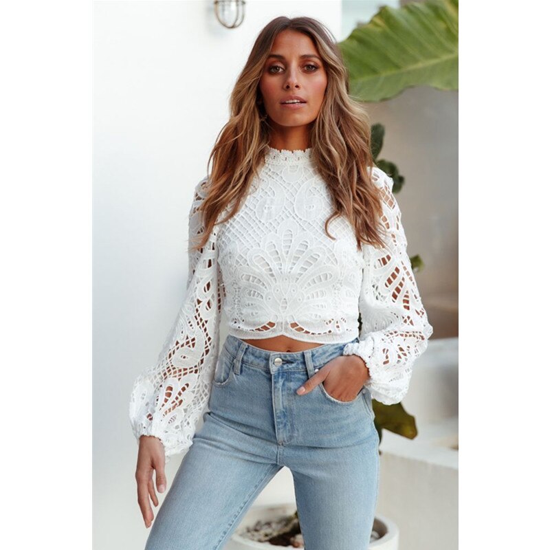Kvinder toppe og bluser lange ærmer blomster blonde toppe afslappet hæklet hul rullekrave bluse kvindelige skjorter outfits: Xl
