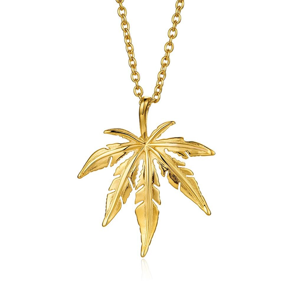 Boutique Titanium Steel Maple Leaf Necklace Trendy Women & Men Korean Sweater Chain Pendant Hip Hop Hemp Leaf Pendant: Gold-color