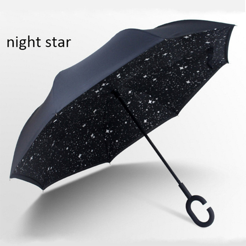 Paraguas plegable inverso resistente al viento, paraguas para hombre y mujer para lluvia y sol, paraguas con mango en C invertido, soporte autónomo para Anti UV de doble capa: night star