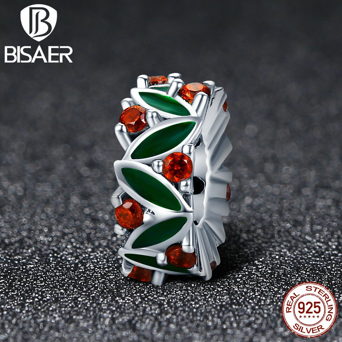 925 Sterling Silver Christmas Tree Spacer Beads Green Flower Charms Fit BISAER Bracelets Sterling Silver Jewelry ECC317