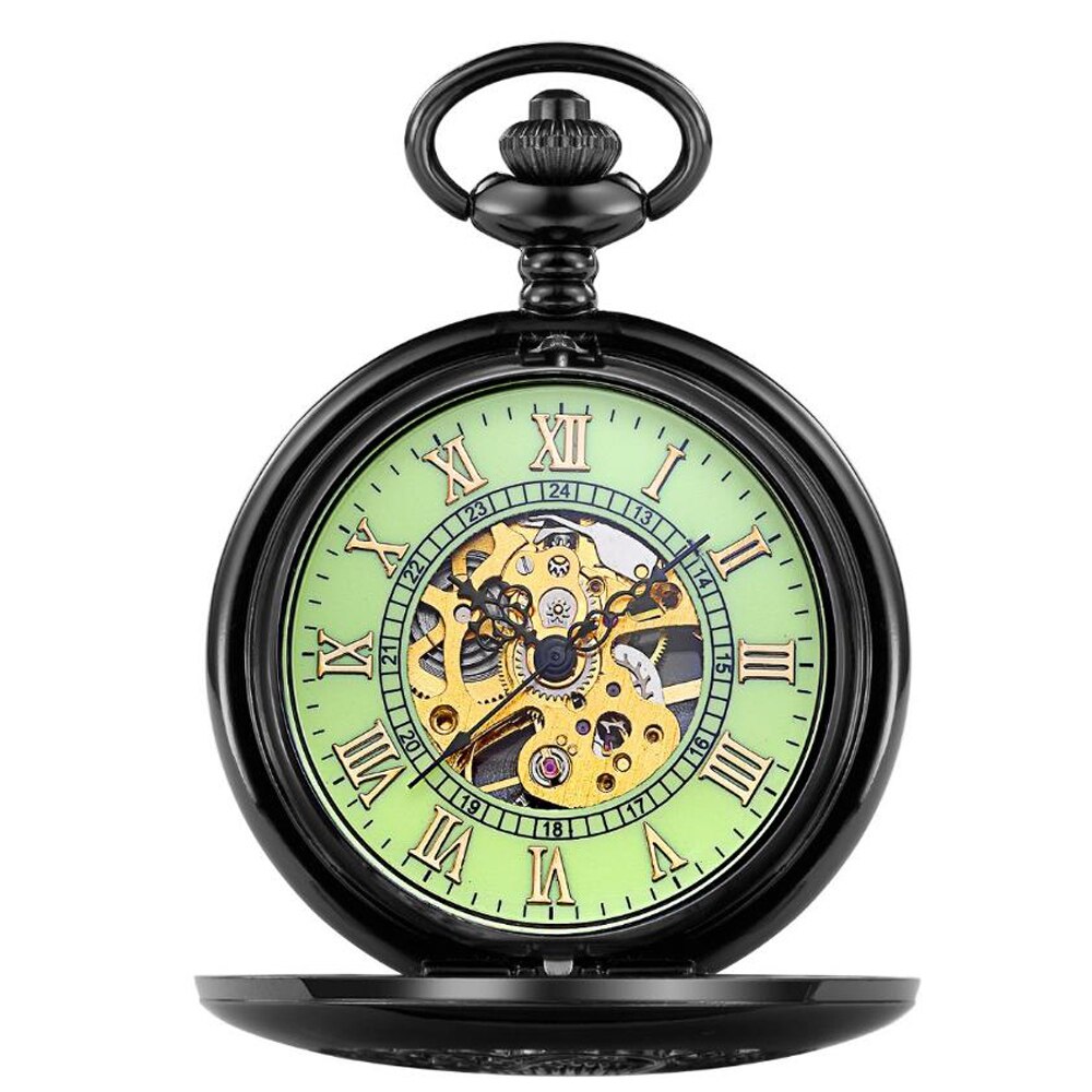 Luxe Zilveren Mechanisch Zakhorloge Vintage Holle Mannelijke Klok Hand Wind Mechanische Ketting Horloge Ketting Mannen Vrouwen: green