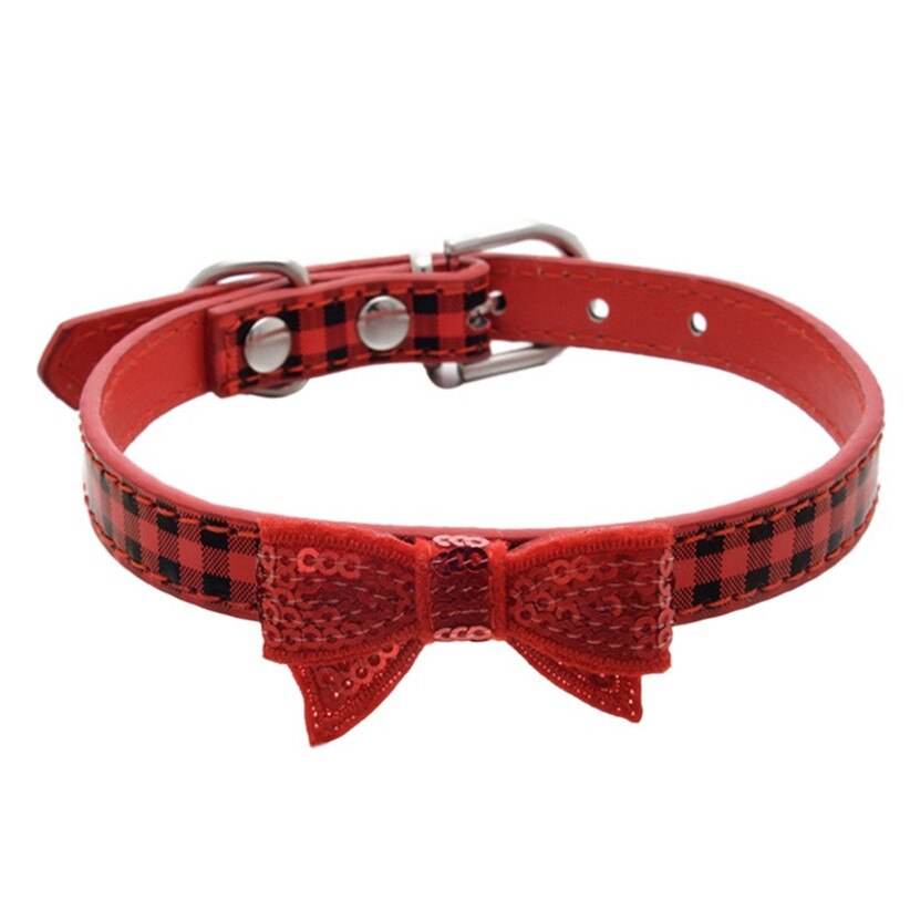 Transer Hond Levert Leuke Pu Leer Plaid Huisdieren Halsband Met Pailletten Strik Voor Kleine Honden 80124: red / XS