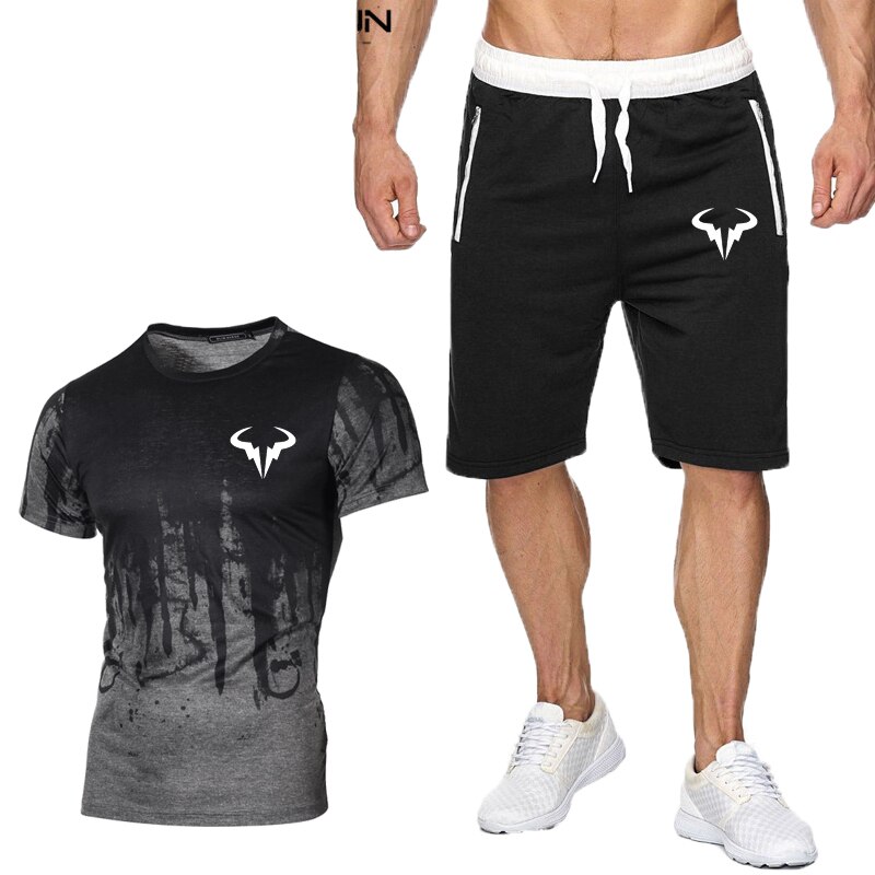 popular Rafael Nadal tennis player suit men's 3DT shirt + shorts men's cabin summer suit: Black gray2 / M