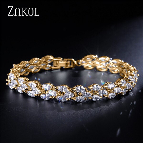 Zakol na moda casamento romano pulseiras marquise corte claro zircão cúbico folha pulseiras & bangles para festa feminino fsbp130: Gold Color
