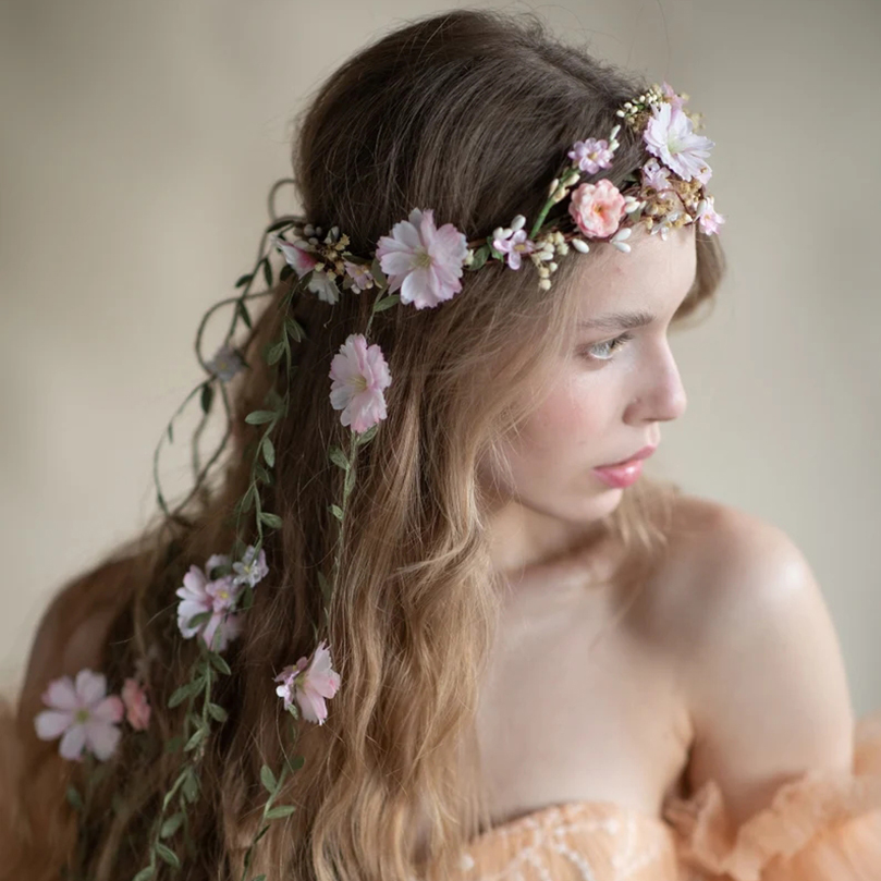 Haimeikang-Diadema de corona de flores para mujer, guirnalda de flores de melocotón, bandas para el cabello nupciales de boda, bandas florales para mujer, hoja de vid para