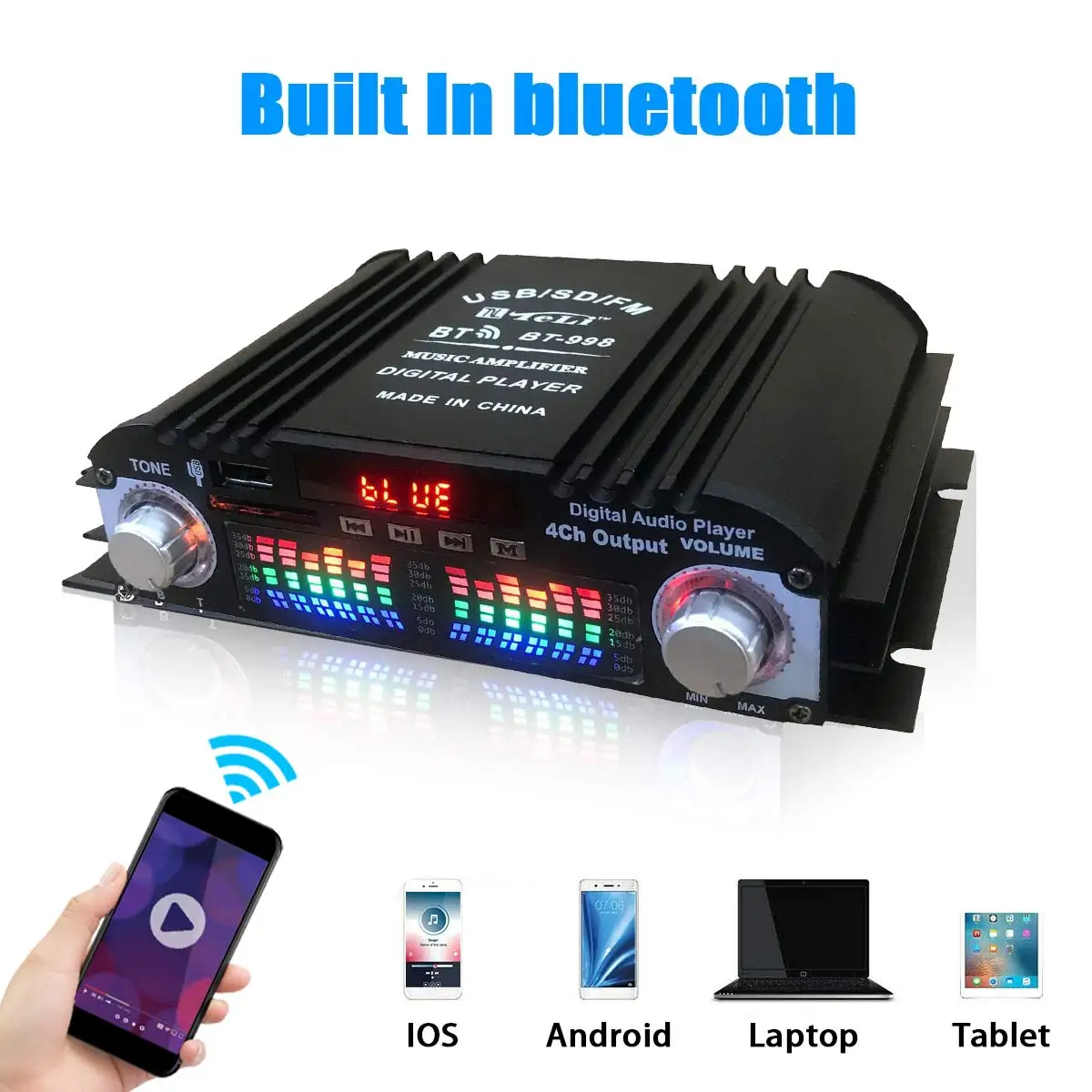 1600W moc szczytowa wzmacniacz dźwięku HiFi cyfrowy 4-kanałowy wzmacniacz audio Bluetooth odtwarzacz karaoke radio FM obsługa pilota