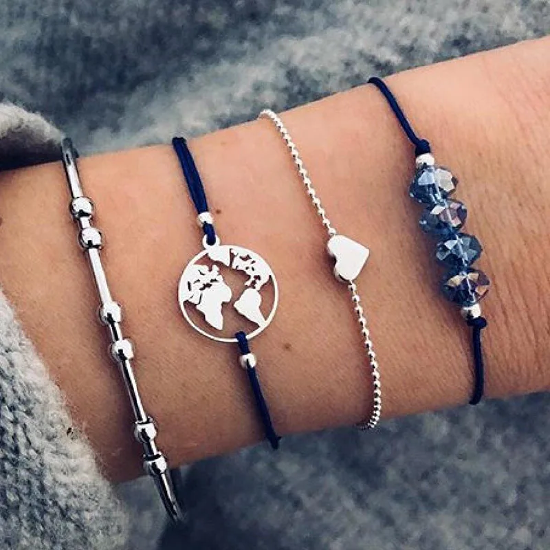 Boheemse Gouden Kleur Ketting Armband Set Voor Vrouwen Faux Parel Hoek Letter Charm Armband Vrouwelijke Mode Feest Sieraden: Blue White Zinc Plated
