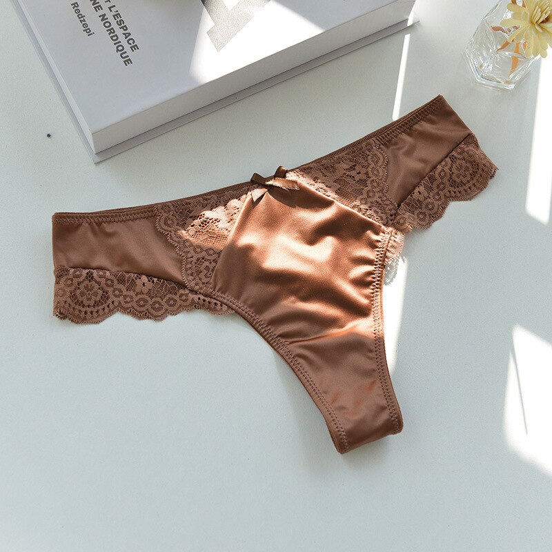 High-end Silky Underwear Women Thongs Hollow Lace Seduction Triangle Satin Medium Low-waisted Sexy T-less Women's Panties: Coffee / M