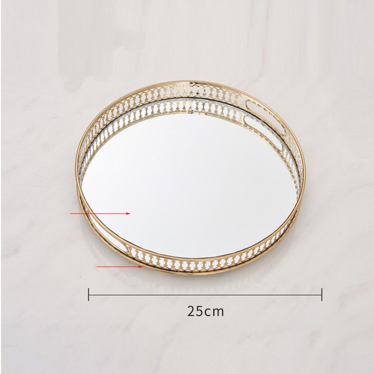 Bandejas doradas decorativas para almacenamiento de joyas, bandeja de vidrio con espejo Vintage, rectangular/redondo, plato de fruta, artículos pequeños de escritorio, placa de exhibición de joyería: Round-M