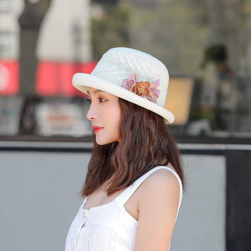 Sombreros de sol de verano para mujer y niña, sombrero de playa con flores, informal, de paja, domo plano, gorra de lavabo, hueso femenino,: milky white