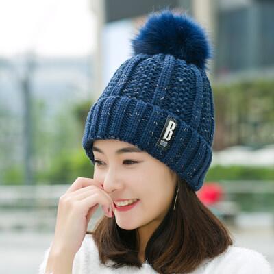 Neck warm Balaclava knitted winter hat Big Fur pom poms ball Knitted hats scarf set women Beanie Hat thick Skullies female cap: hat navy