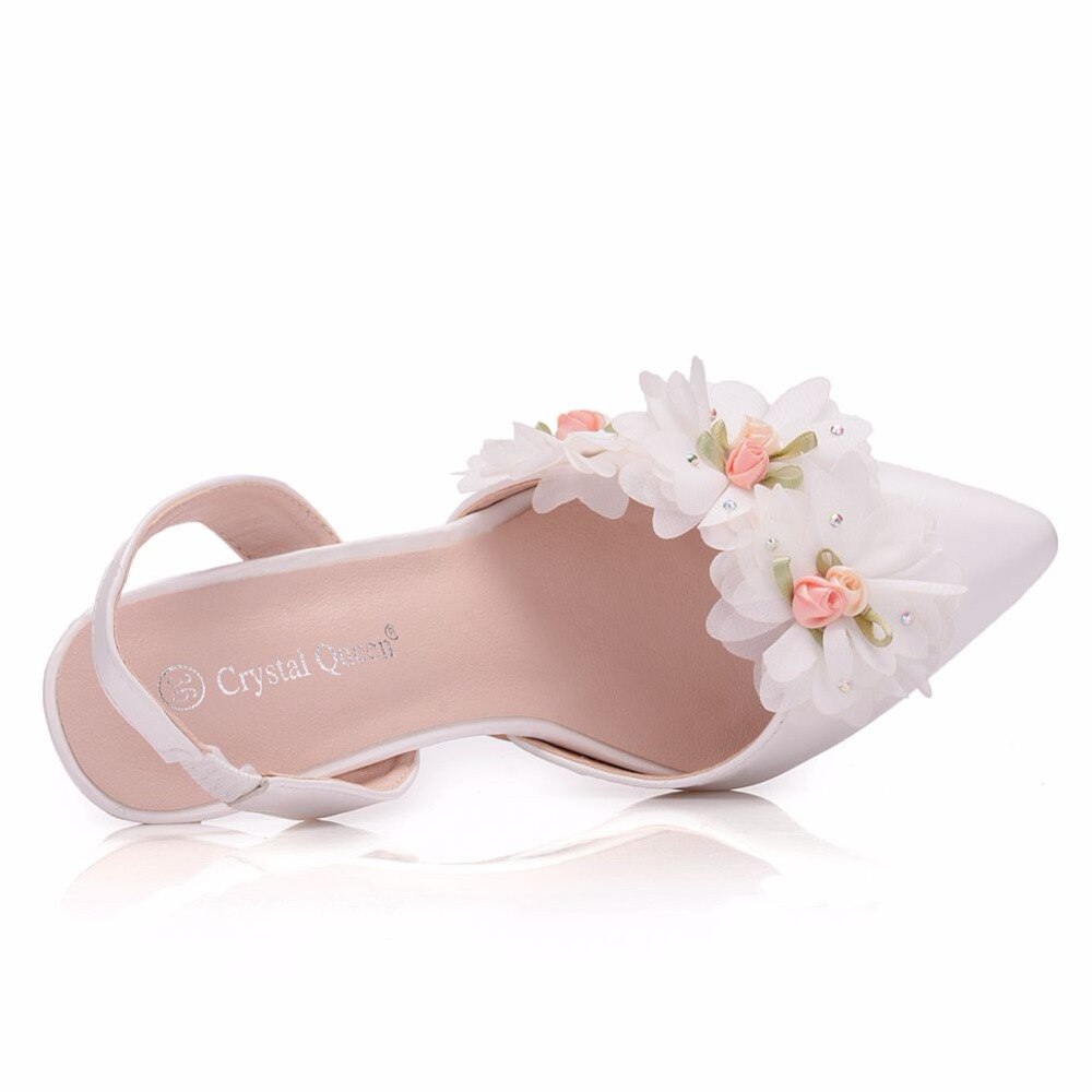 Crystal Queen blanco encaje flor zapatos de boda de novia punta fina zapatos y vestido de novia tacón alto 10cm dos tipos sandalias de mujer bombas