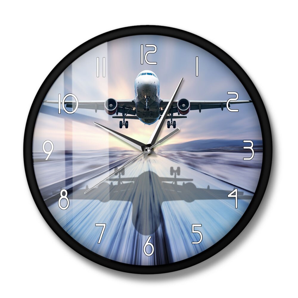 Landung der Passagier Flugzeug Moderne Wanduhr Luftfahrt Zauberstab Kunst Dekor Stille Bewegung Randlose Wanduhr Flugzeug: Metall Rahmen