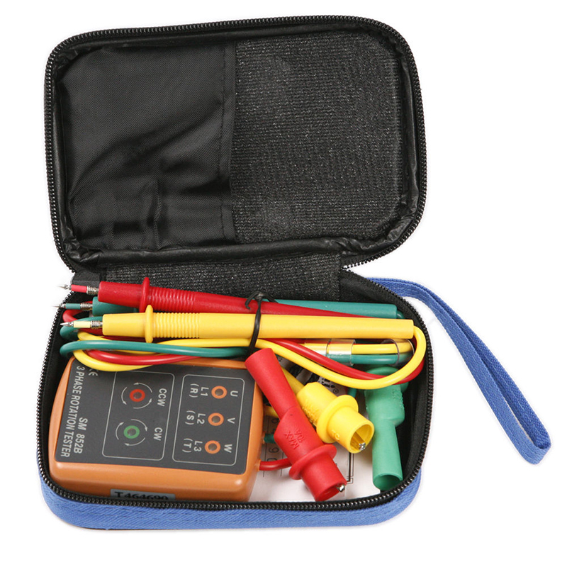 Sm852b 3- faset rotationstester digital faseindikator detektor led buzzer fasesekvensmåler spændingsmultimeter med taske