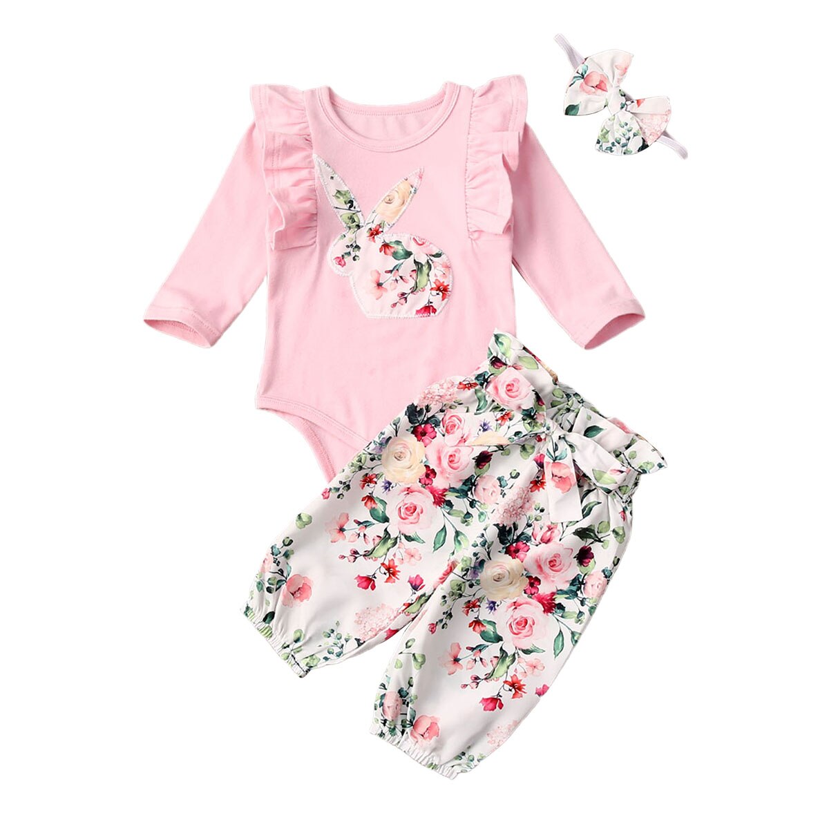 Baby Zomer Kleding Peuter Kids Baby Meisje Outfits Kleding Bunny Bloemen Romper Tops + Bloemen Broek Hoofdband 3 Pcs set: Pink / 18m