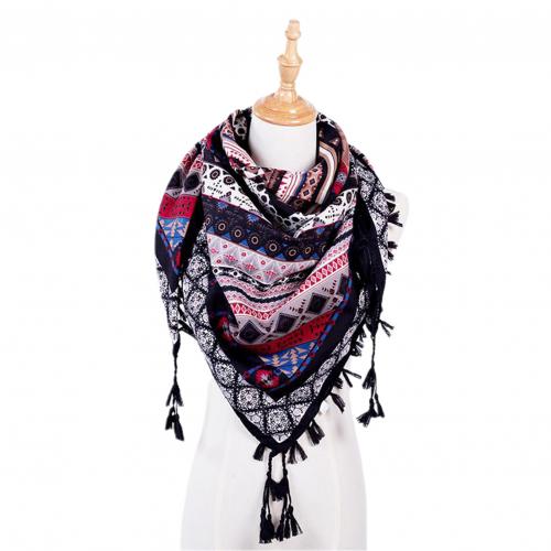 Boho tørklæde kvinder vinter bomuldsblandinger hals wrap lang varmt tørklæde etnisk print trekant kvast multifunktionelt sjal tørklæde: Sort