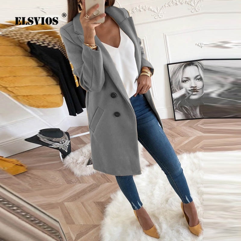 ELSVIOS Herfst Winter Turn-Down Kraag Blend Jas Vrouwen Lange Wollen solid Jasje Vrouwelijke Toevallige knoppen Jas Windbreake 5XL