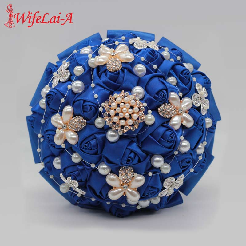 8 Styles 15cm Jewelry Beaded Wedding Flower Bridal Bridesmaid Bouquets Royal Blue Ribbon Bouquets Diamond Brooch Bouquet Small