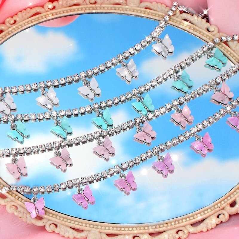 7 sommerfugl vedhæng halskæde til kvinder sølvfarvet rhinestone tennis kæde choker halskæde bryllups smykker