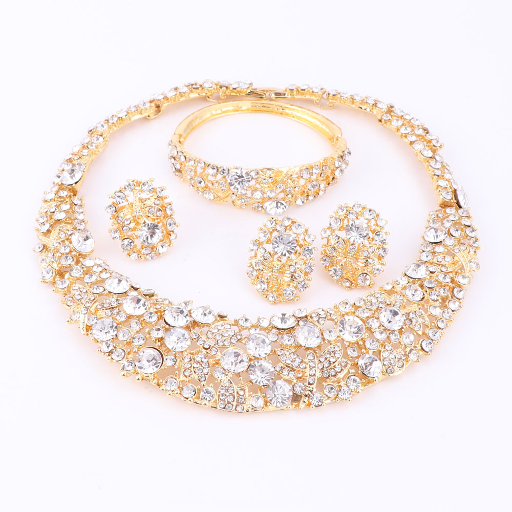 Nigeriaanse Bruiloft Afrikaanse Kralen Sieraden Sets Crystal Ketting Sets Goud Kleur Sieraden Set Bruiloft Accessoires Party