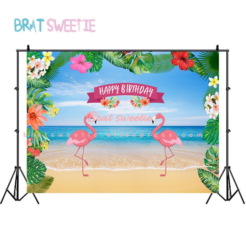 Telones de fondo de feliz cumpleaños de 7 x 5ft pulgadas con flamencos, decoraciones para fiesta hawaiana, vinilo, playa, fondo tropical, fondo fotográfico de pared aloha