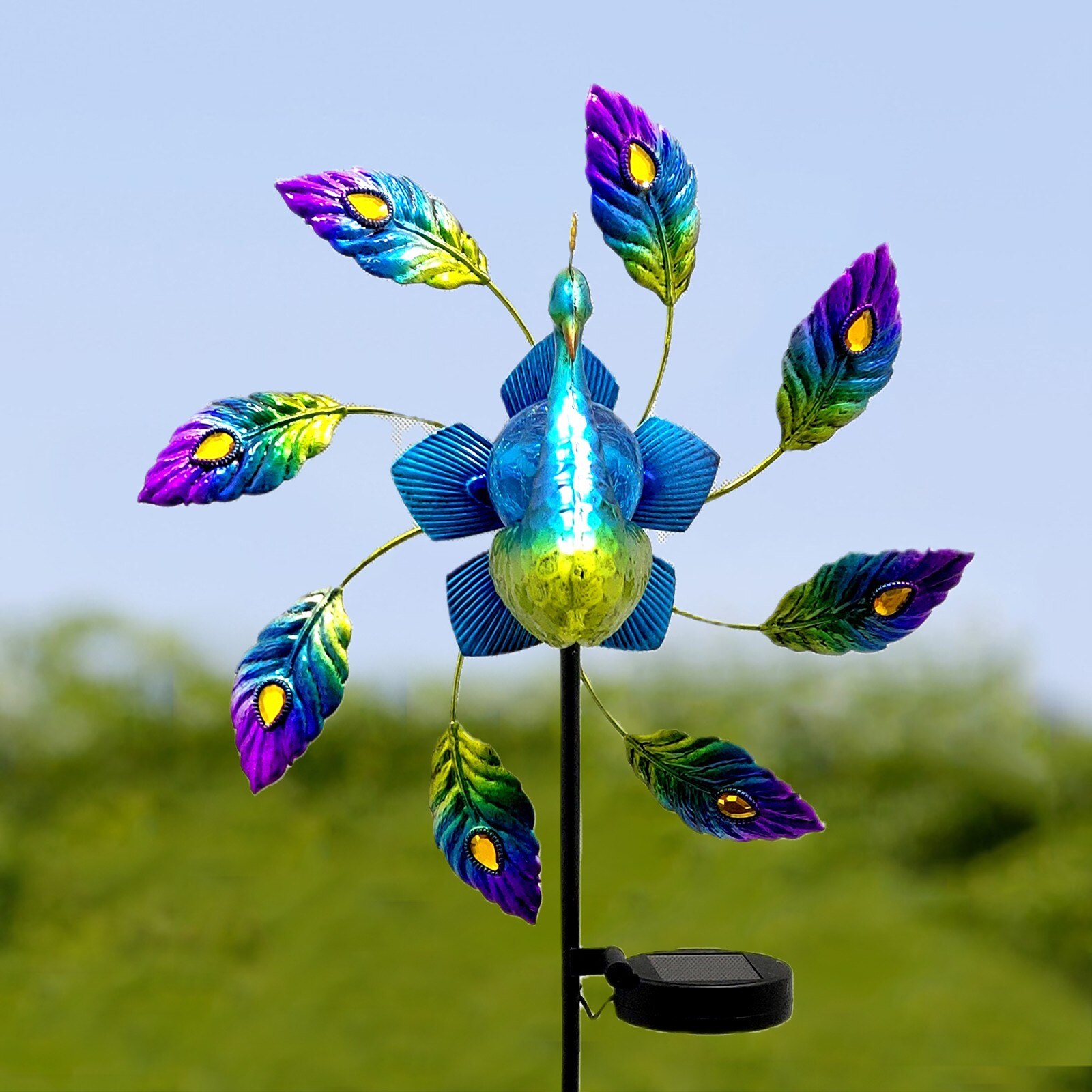 Tuin Decor Smeedijzeren Geschilderd Pauw Solar Licht Windmolen Blauwe Gloeiende Pauw Ornament Tuinieren Decor Gazon Stake