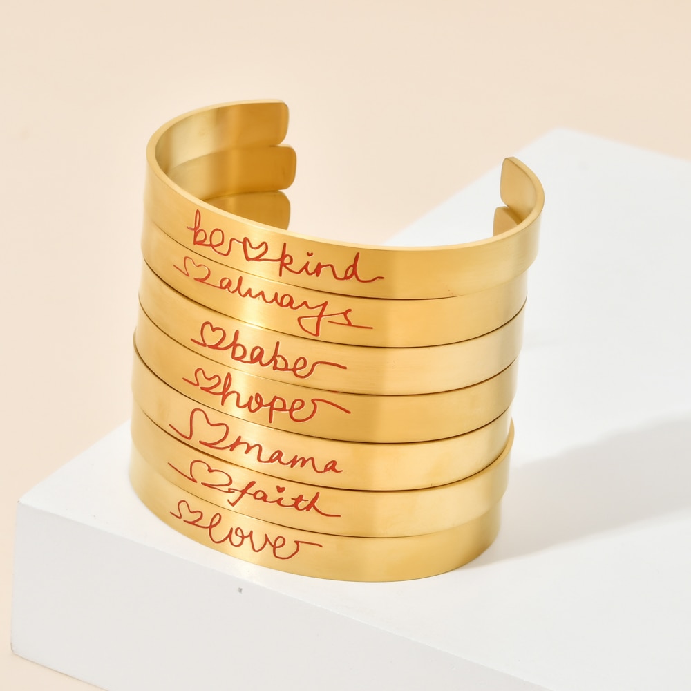Zmzy Boho Gouden Armband Handschrift Rvs Armbanden Armband Gegraveerde Letters Woorden Armbanden Manchet Sieraden
