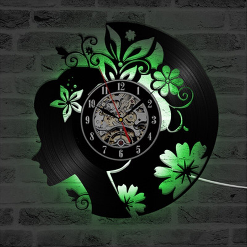 Blume Mädchen Vinyl aufzeichnen Wanduhr LED Beleuchtung Zauberstab Kunst Dekor Jahrgang retro 3D Uhren Zauberstab Uhr Wohnkultur Geburtstag
