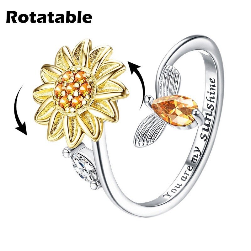 Bague ajustable en Zircon pour femme et adolescent, bijou pour l&#39;anxiété, tournesol, marguerite, de saint-valentin,: sunflowers bee