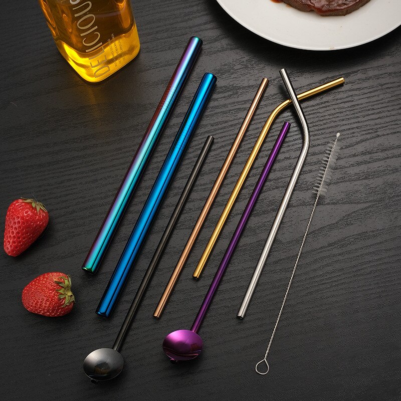 5pcs Reusable Metal Drinking Straws 304 Stainless Steel Sturdy Bent Straight Drinks Straw for Milkshake Bubble Tea with Brush