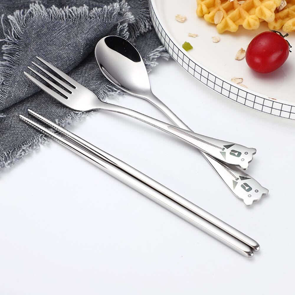 1 Set Cartoon Stainless Steel Portable Cutlery Set Children's Student Fork Spoon Chopsticks 3 Piece Set 2 Piece Set