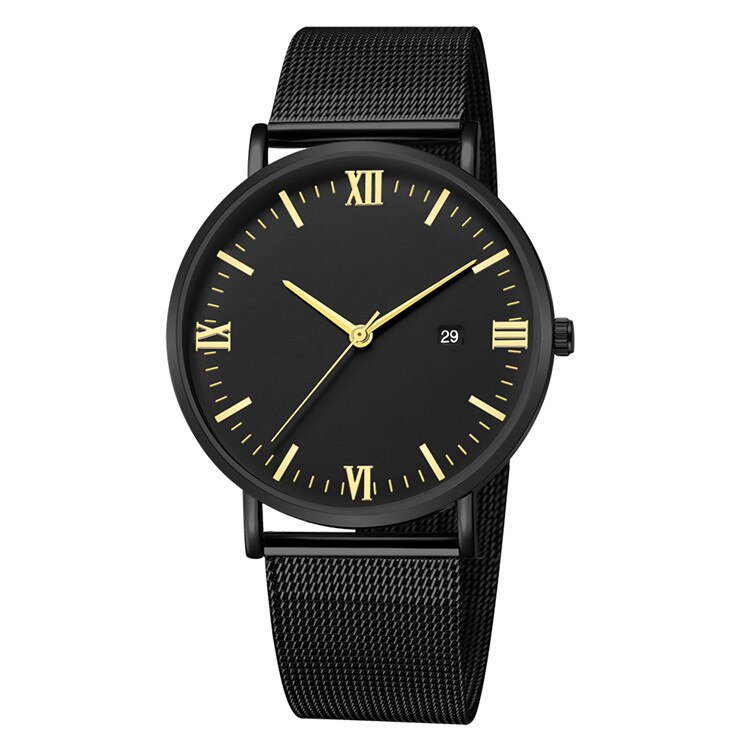 Relogio Masculino moda Roman cyfrowe zegarki męskie Top marka kwarcowy siatka ze stali nierdzewnej zegarek na rękę z paskiem, bransoletą erkek kol saati: black gold