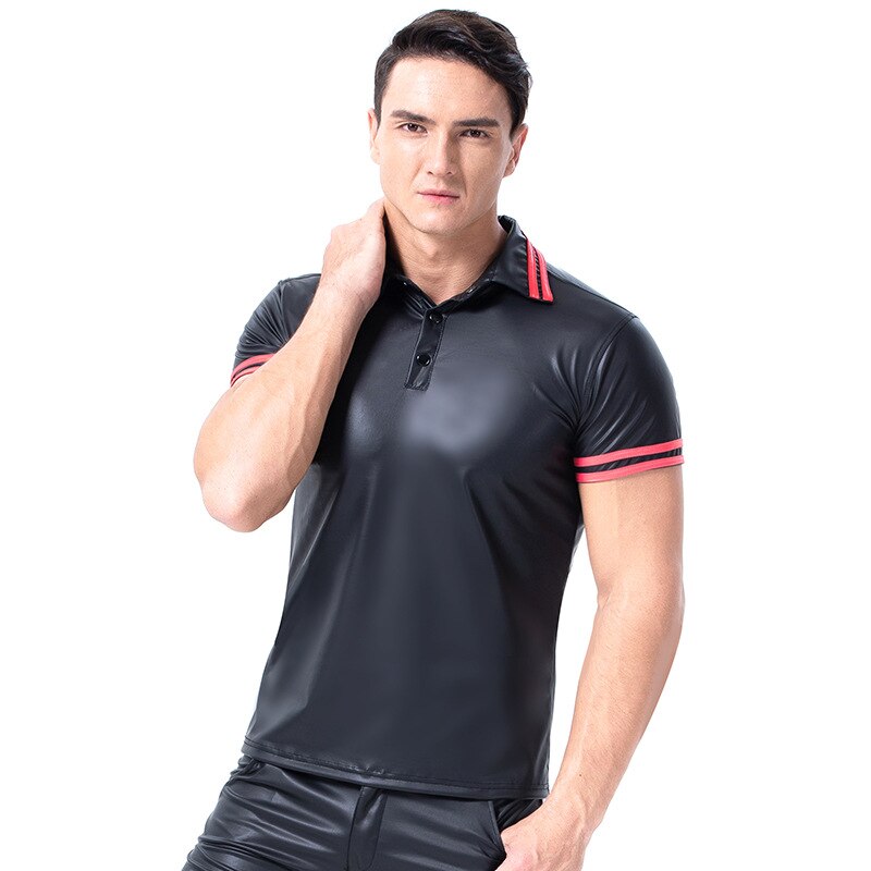 Heren imitatie leren glimmende korte mouwen t-shirt locomotief wild catsuit top bar clubwear stripper chique feest