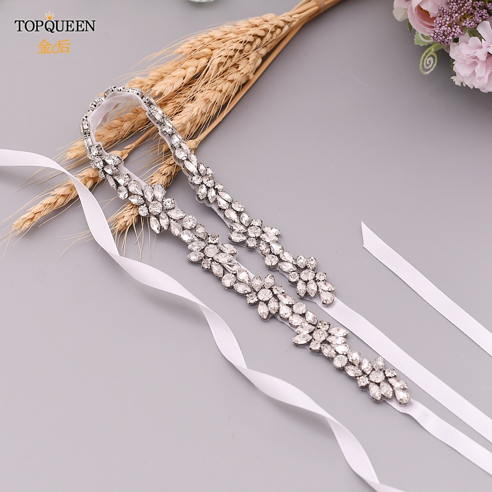 TOPQUEEN-Cinturón de lujo para novia, faja con apliques de diamantes de imitación para vestido de boda, cinturones de joyería, cinturón de Vestido plateado brillante, S437-S