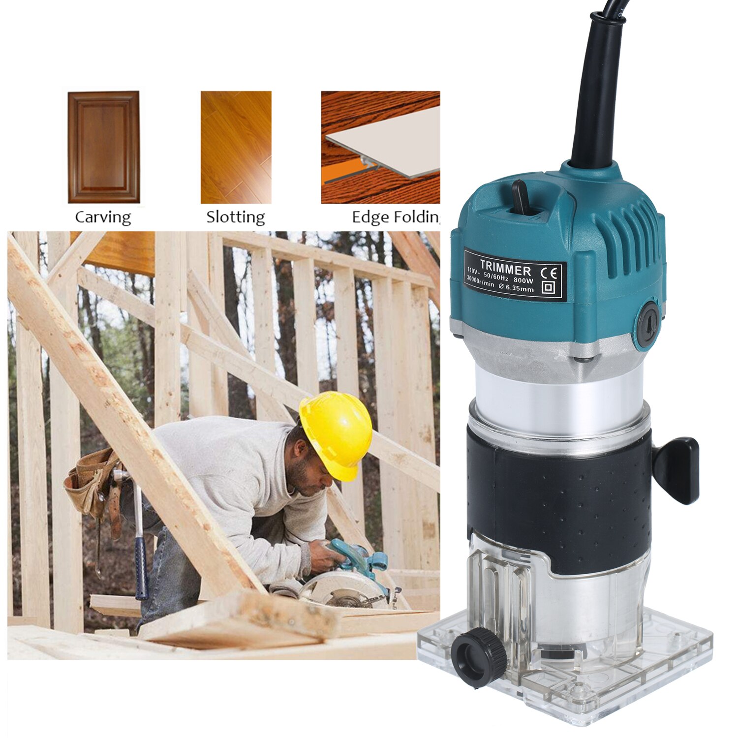 220V 800W Cordless Electric Trimmer Wood Hand Trimmer Engraving Slotting Trimming Carving Machine Router Wood for Woodworking