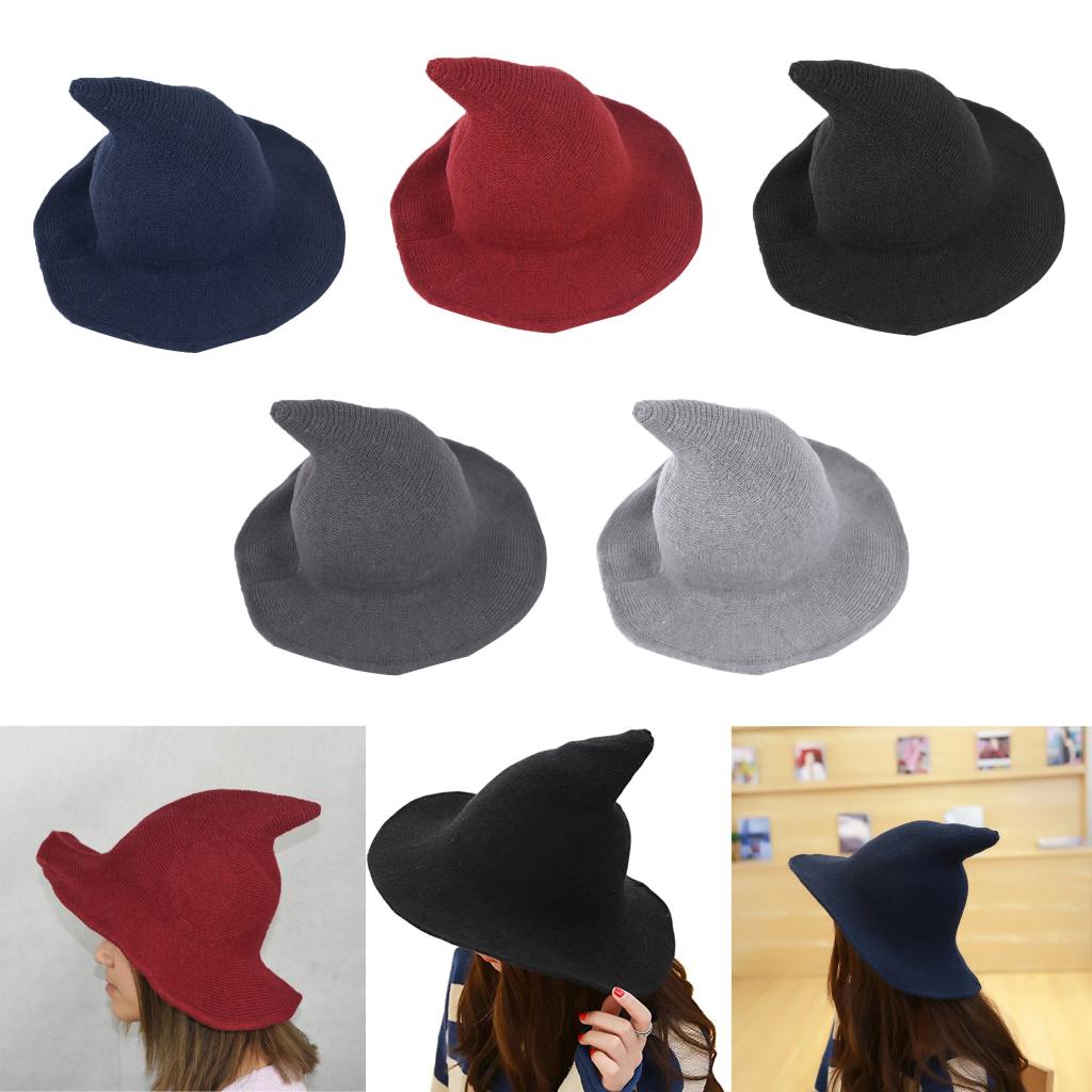 Womens Wool Witch Hats Knit Foldable Wizard Cap for Christmas Halloween Costume Party Cosplay Prop