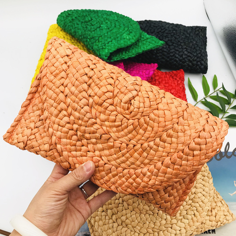 Corn Husk Weave Dinner Clutch Bag Women's Simple Solid Straw Large Purse Woman Summer Casual Vacation Ladies Wallet: SKY BLUE