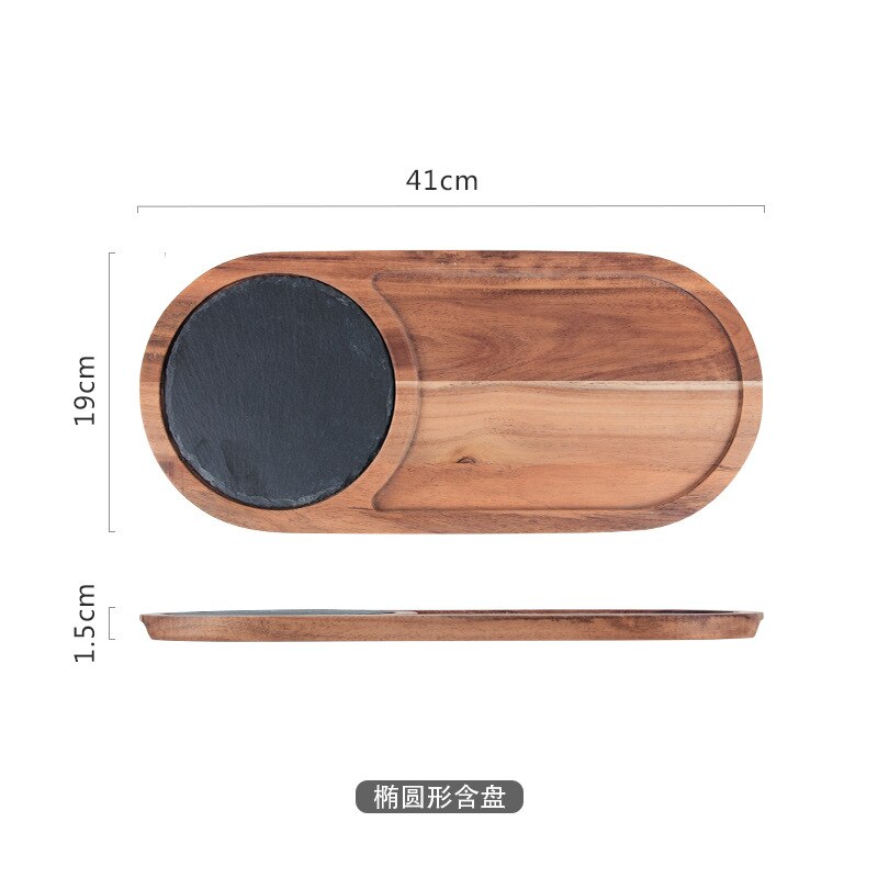 Black Western Food Tray Square Japanese Style Wooden Pallet Steak Sushi Western Food Tray Solid Wood Tray Pizza Hotel Tray: Oval With Slate