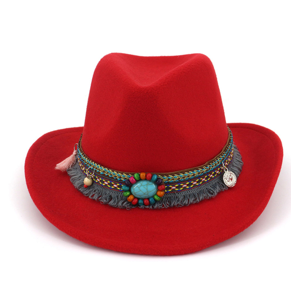 Kvinder uld vestlige cowboy hat med kvast bånd bred kant rand hat hat sombrero hombre hat: Rød