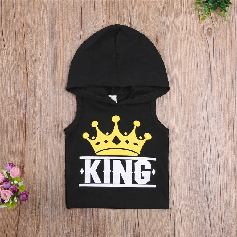 Mode Pasgeboren Baby Jongens Mouwloos Crown Brief Print Hooded Tops Voor Kinderen Jongens Tops Tees