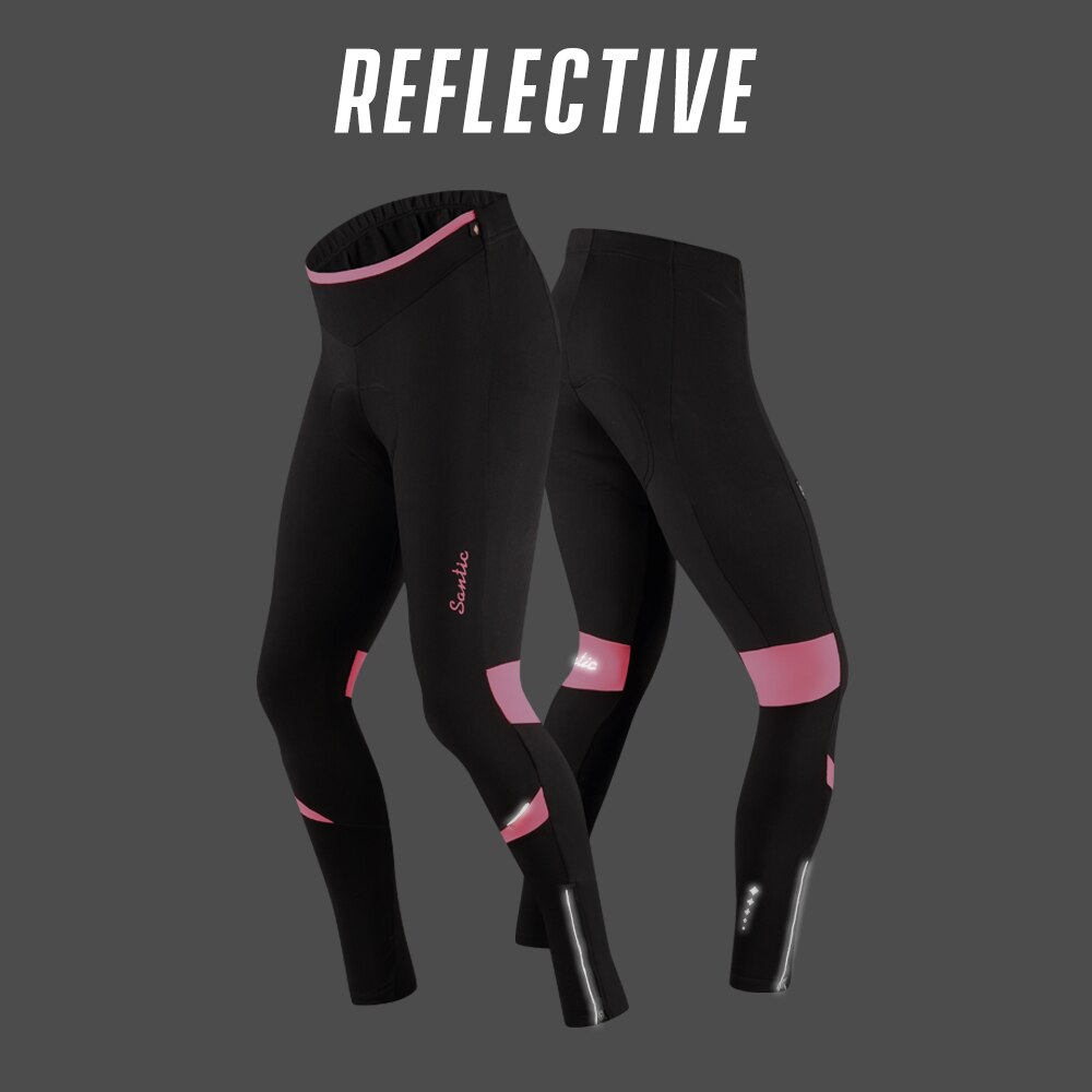 Santic Women MTB Bike Pants 4D Cushion Pad Reflective Thermal Winter Fleece Pants Breathable Bicycle Riding Running Cycling Pant