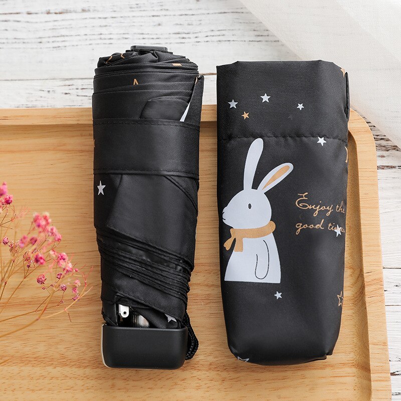Mini lomme paraply regn børn corporation paraguas plegable solbeskyttelse anti-uv paraply børn tegneserie kanin paraply: Sort kanin