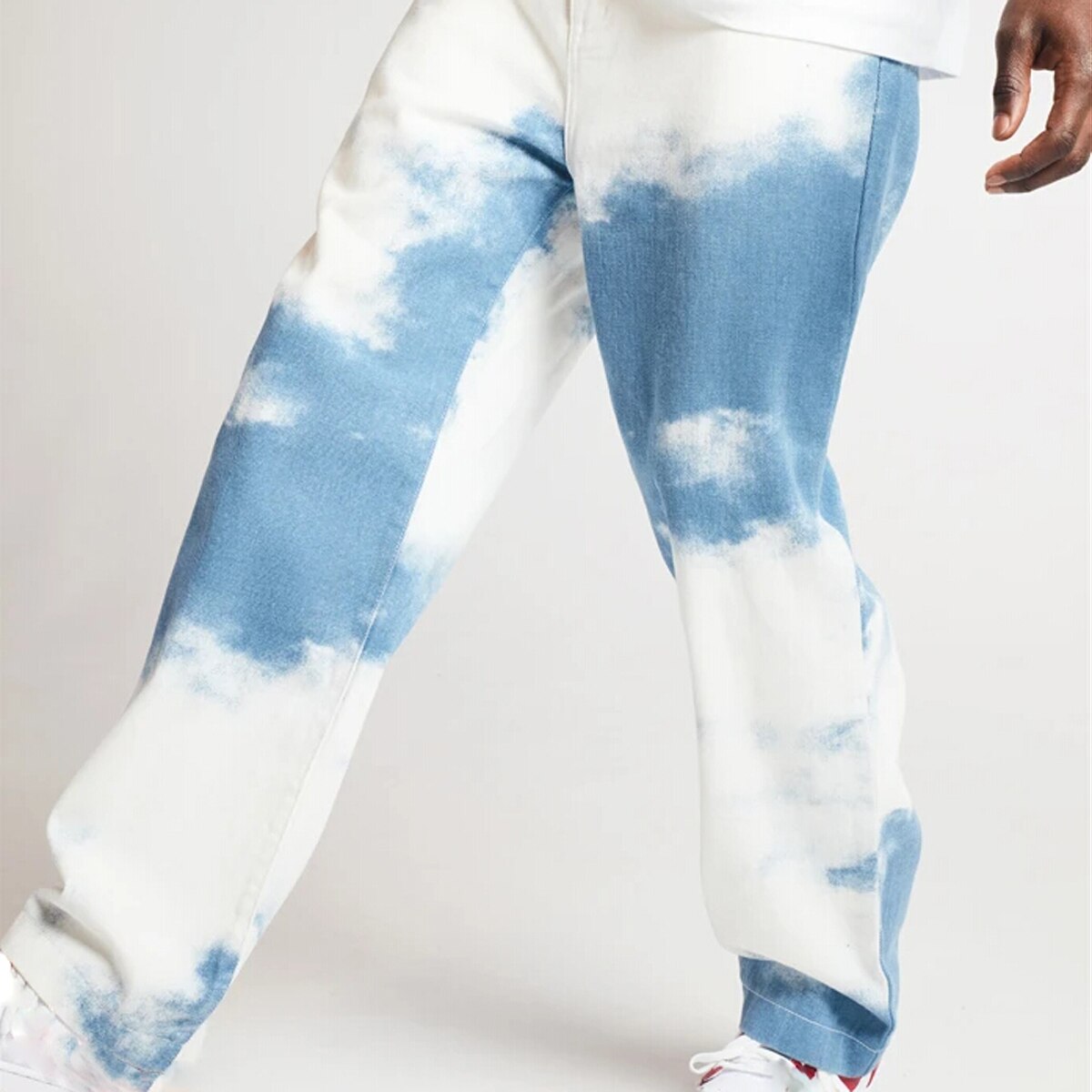 Men Stylish Tie-Dye Printed Jeans Mid Waist Wild Loose Leg Long Pants Casual Washed Straight Denim Trousers