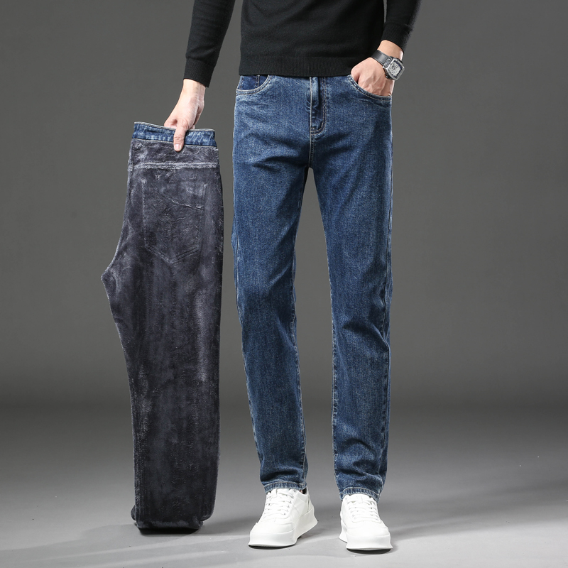 Winter Fleece Thick Warm Jeans Men's Slim Straight Elastic Denim Pants Casual Male Clothing Plush Trousers