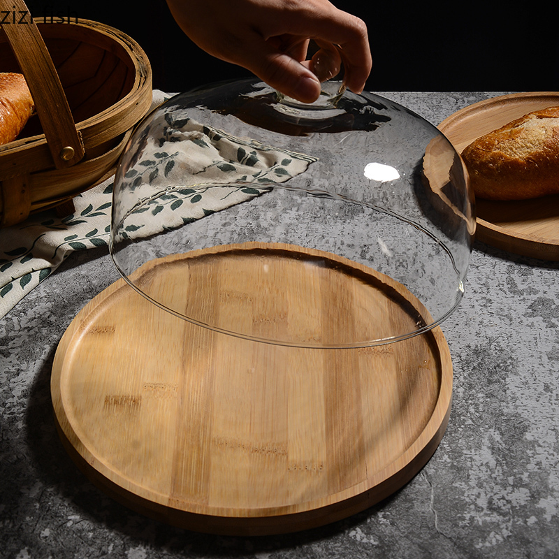 Round Wooden Cake Plate Glass Cover Dessert Pastry Display Tray Household Fruit Bread Plate Cake Decoration Accessories