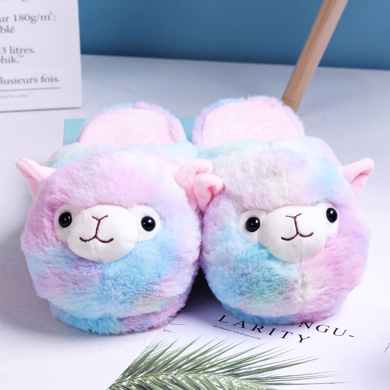 Vinter alpaca hjemmesko kvinder får hjemmesko bomuld varm pink indendørs hjemmesko dejlig tegneserie regnbue dyr kvinder hjemmesko: Multi / 7.5